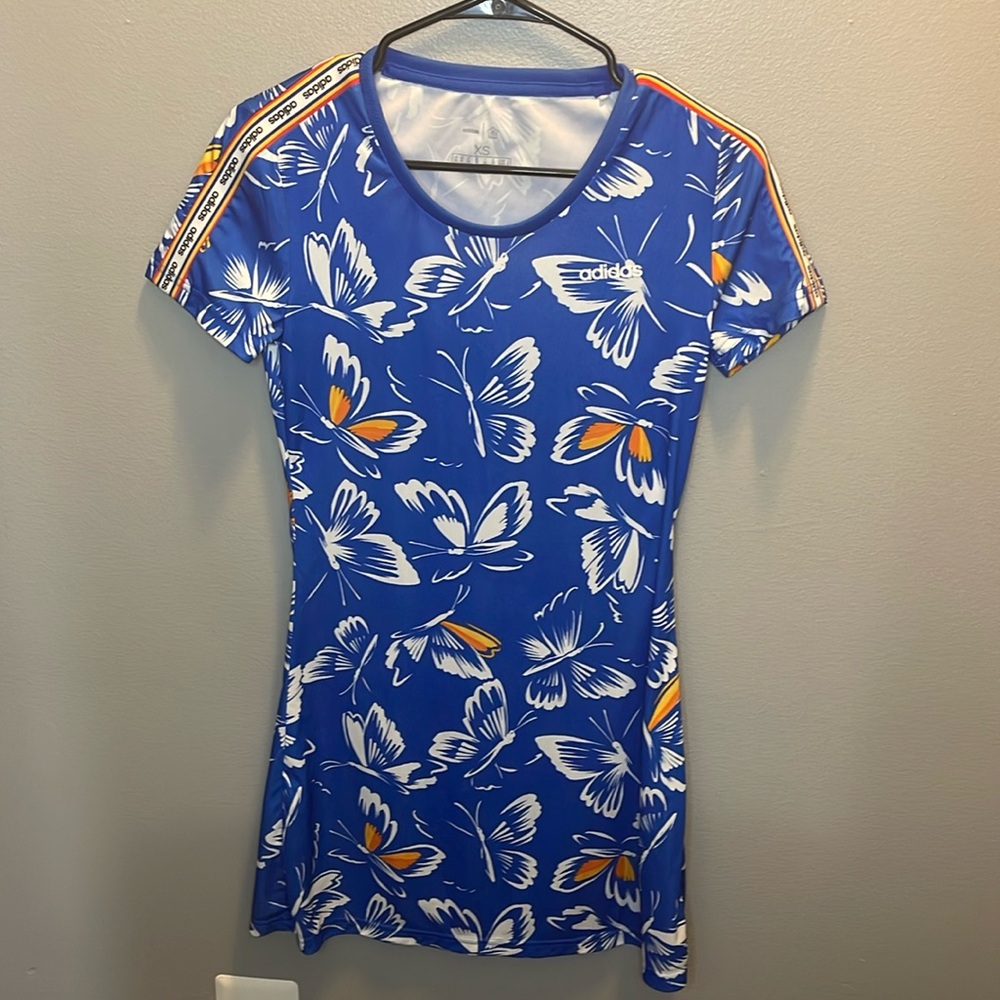 Adidas X Farm Rio Dress Blue Butterfly Print‎ Short Sleeves Size XS